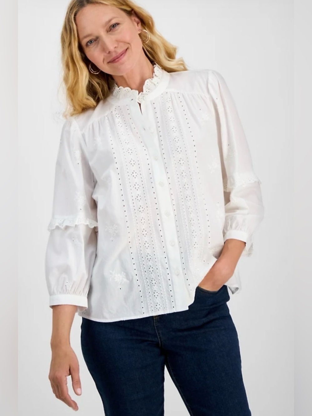 Style & Co Women's 100% Cotton Eyelet-Front 3/4-Puff Sleeve Blouse